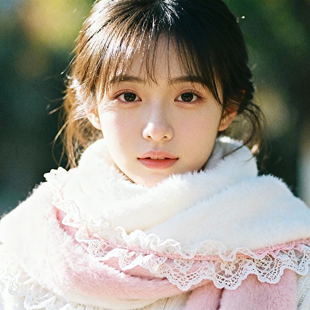 甜美风格围巾一条，白粉色调为主，有蕾丝装饰