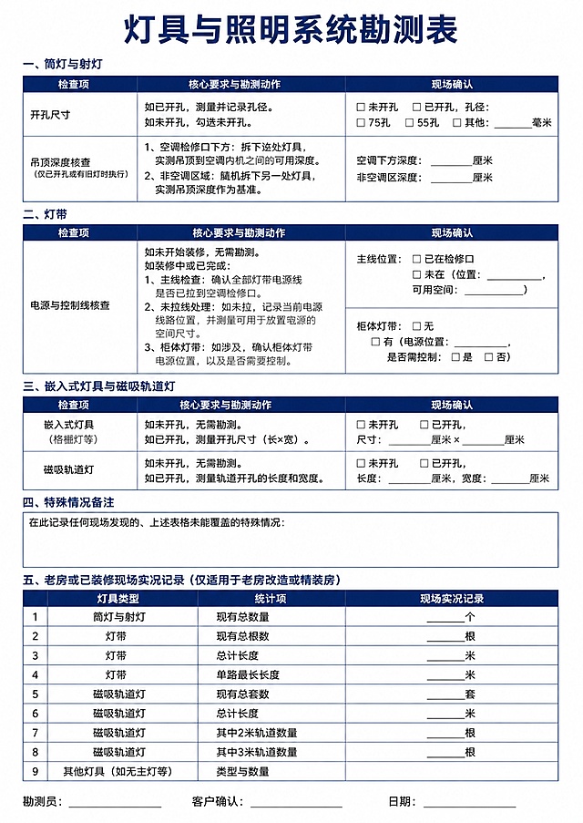 极简商务风可打印表单，A4尺寸，白底黑字深蓝色点缀。页面顶部深蓝色标题："灯具与照明系统勘测表"。本页内容较多，所有模块完整放在一页内，合理排版，留白充足方便手写。第一模块标题："一、筒灯与射灯"，包含一个两行表格：第一行检查项开孔尺寸，核心要求与勘测动作：如已开孔，测量并记录孔径。如未开孔，勾选未开孔。现场确认：□ 未开孔 □ 已开孔，孔径：□ 75孔 □ 55孔 □ 其他：______毫米；第二行检查项吊顶深度核查（仅已开孔或有旧灯时执行），核心要求与勘测动作：1、空调检修口下方：拆下该处灯具，实测吊顶到空调内机之间的可用深度。2、非空调区域：随机拆下另一处灯具，实测吊顶深度作为基准。现场确认：空调下方深度：______厘米 非空调区深度：______厘米。第二模块标题："二、灯带"，包含一行表格：检查项电源与控制线核查，核心要求与勘测动作：如未开始装修，无需勘测。如装修中或已完成：1、主线检查：确认全部灯带电源线是否已拉到空调检修口。2、未拉线处理：如未拉，记录当前电源线路位置，并测量可用于放置电源的空间尺寸。3、柜体灯带：如涉及，确认柜体灯带电源位置，以及是否需要控制。现场确认：主线位置：□ 已在检修口 □ 未在（位置：，可用空间：） 柜体灯带：□ 无 □ 有（电源位置：______，是否需控制：□ 是 □ 否）。第三模块标题："三、嵌入式灯具与磁吸轨道灯"，包含一个两行表格：第一行检查项嵌入式灯具（格栅灯等），核心要求与勘测动作：如未开孔，无需勘测。如已开孔，测量开孔尺寸（长×宽）。现场确认：□ 未开孔 □ 已开孔，尺寸：______厘米 × ______厘米；第二行检查项磁吸轨道灯，核心要求与勘测动作：如未开孔，无需勘测。如已开孔，测量轨道开孔的长度和宽度。现场确认：□ 未开孔 □ 已开孔，长度：______厘米，宽度：______厘米。第四模块标题："四、特殊情况备注"，内容：在此记录任何现场发现的、上述表格未能覆盖的特殊情况：（留白）。第五模块标题："五、老房或已装修现场实况记录（仅适用于老房改造或精装房）"，包含一个九行表格：第一行灯具类型：筒灯与射灯，统计项：现有总数量，现场实况记录：______个；第二行灯具类型：灯带，统计项：现有总根数，现场实况记录：______根；第三行灯具类型：灯带，统计项：总计长度，现场实况记录：______米；第四行灯具类型：灯带，统计项：单路最长长度，现场实况记录：______米；第五行灯具类型：磁吸轨道灯，统计项：现有总套数，现场实况记录：______套；第六行灯具类型：磁吸轨道灯，统计项：总计长度，现场实况记录：______米；第七行灯具类型：磁吸轨道灯，统计项：其中2米轨道数量，现场实况记录：______根；第八行灯具类型：磁吸轨道灯，统计项：其中3米轨道数量，现场实况记录：______根；第九行灯具类型：其他灯具（如无主灯等），统计项：类型与数量，现场实况记录：（留白）。所有文字内容必须原封不动保留，不得遗漏、缩写或改写，所有单位必须使用中文厘米、米、毫米，严禁使用英文缩写。全部内容必须完整放在一页内。页面最下方生成签字栏："勘测员：__________ 客户确认：__________ 日期：__________"。整体风格极简商务，表格边框深蓝色，文字清晰易读，排版紧凑合理。