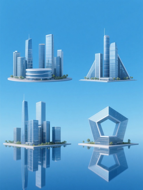 现代简约风格3D城市建筑群，纯色背景，整体变换为蓝色调，保持原有的高楼大厦、玻璃幕墙、金属质感等元素内容，生成四个完全不同形状的城市建筑系列素材集合，规整排布，每个建筑群都有独特的造型设计，包括圆形、方形、三角形和不规则多边形等，建筑之间有合理的间距，底部有清晰的水面倒影效果，光影柔和，色彩统一和谐，具有强烈的现代都市感和设计感。预览效果