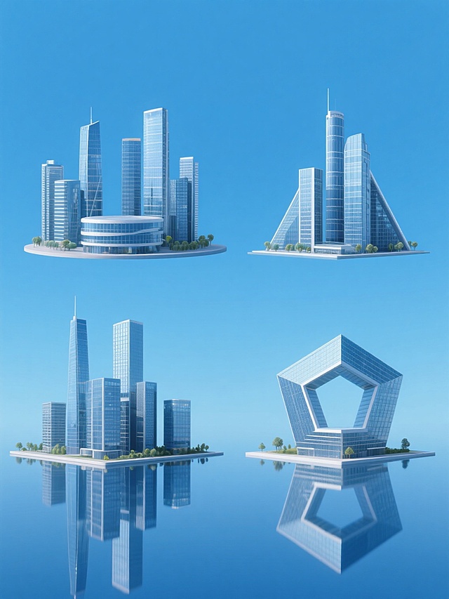 现代简约风格3D城市建筑群，纯色背景，整体变换为蓝色调，保持原有的高楼大厦、玻璃幕墙、金属质感等元素内容，生成四个完全不同形状的城市建筑系列素材集合，规整排布，每个建筑群都有独特的造型设计，包括圆形、方形、三角形和不规则多边形等，建筑之间有合理的间距，底部有清晰的水面倒影效果，光影柔和，色彩统一和谐，具有强烈的现代都市感和设计感。