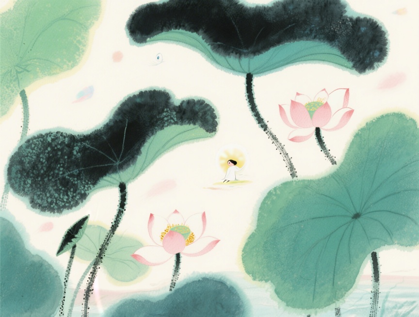 夏季水墨画面，写意清雅风格，夏日荷叶荷花元素，淡墨晕染预览效果