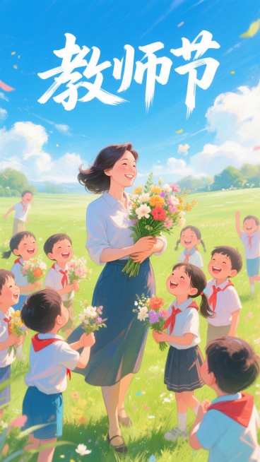 教师节插画主题海报 老师怀抱着学生（拿着鲜花） 学生围在老师身边 每个人脸上都漏出开心的笑容 背景在户外 蓝天白云青草地 画面上写着“教师节”预览效果