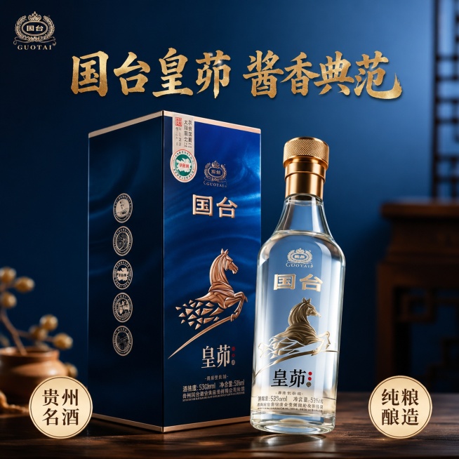 [主图-1单瓶礼盒] 国台皇茆53度酱香型白酒单瓶礼盒，高端品质风主图，突出送礼属性，保持瓶身和包装盒所有文字设计完全不变。[氛围风格] 高级简约质感，突出高端酱酒送礼定位。[画质] 商业摄影质感、光预览效果