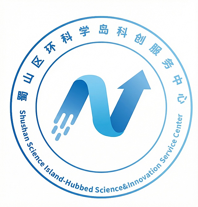 将图1的蓝色渐变箭头图标放置在图2圆形文字标志的中心位置，调整图标比例使其适配圆形内空间，整体颜色保持图1的蓝渐变风格，融合成完整的LOGO