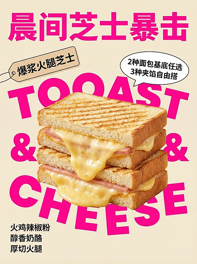 活力早餐美食宣传海报，淡米黄色背景，中心聚焦两块叠放的火腿芝士流心三明治，吐司带有明显烤纹，芝士呈现超浓郁流心效果，搭配亮粉色大字"TOAST & CHEESE"装饰，画面带有主标题"晨间芝士暴击"，食材标签"爆浆火腿芝士"，对话气泡文字"2种面包基底任选 / 3种夹馅自由搭"，配料列表"火鸡辣椒粉 / 醇香奶酪 / 厚切火腿"，整体色彩为亮粉、米黄、金黄、浅棕，色调明亮活泼，营造诱人的早餐美食氛围