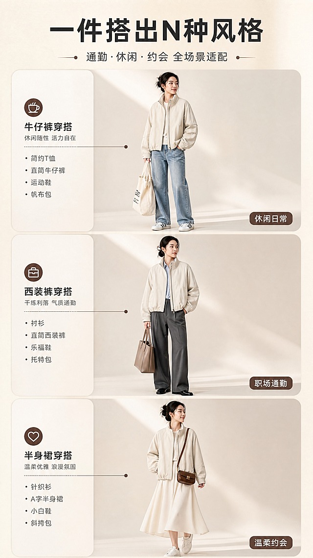 [商品] 使用【图1】米白色立领短款夹克；商品处理：保留立领、拉链、插肩袖、大口袋、袖口按扣、下摆松紧、短款廓形和米白面料颜色；自然去除衣身杂乱褶皱，理顺垂坠，增强面料纹理、缝线、拉链和五金质感，不改变版型和结构。
[画面] 目标为穿搭灵感页，展示多种搭配方案；上标题下三图竖排构图，下方三张搭配图分别展示：搭配牛仔裤休闲风、搭配西装裤通勤风、搭配半身裙温柔风；每张图中夹克保持同款同色，下装和配饰变化；亚洲模特展示，姿态各不同；阅读动线从上到下。
[视觉] 套系策略：风格=极简高级都市商业摄影；标题字=现代无衬线粗体；正文字=简洁无衬线体；主色=米杏白；背景延展=基于米杏白做深浅层级、同色渐变和细腻纸张/织物质感；强调色=深棕咖，仅用于小面积图标、引线和标签；标题色=深炭灰；正文色=中暖灰；组件=圆角浅底信息卡、细线引线；光影=左前侧暖柔光，柔和自然阴影。
[文字] 顶部主标题「一件搭出N种风格」，副标题「通勤·休闲·约会 全场景适配」；每张搭配图右下角配小标签：休闲日常、职场通勤、温柔约会；所有文字横排，标签不遮挡服装主体。
[规格] 图片比例9:16竖版，4K分辨率，避免变形、错字、文字过小、冷蓝/蓝灰背景、衣服颜色改变、版型失真、极限词。