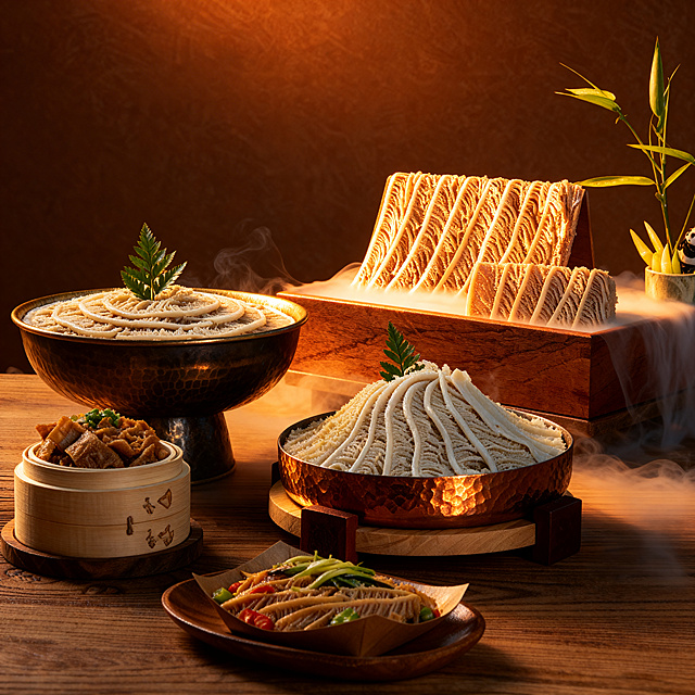 白色千层牛百叶，整齐码放在黑色圆盘里，表面纹理清晰，保持产品形态不变，严禁扭曲拉伸改变材质与结构。多产品组合摆盘于木质桌面，暖棕色调，中式餐饮氛围感，搭配装饰小盆栽和中式餐具组合。侧光，产品受光面泛起暖棕光泽，暗部及边缘映射原木深棕色的光晕，绝对禁止纯白高光，彻底物理融合。主体居中摆放，烟雾缭绕增加氛围感，微侧视角，替换所有装饰道具，重构背景墙面纹理，消除文字和Logo。严格锁定宽高比为 1:1。4K分辨率。产品与image1一致，构图和风格相似度90%参考image2。