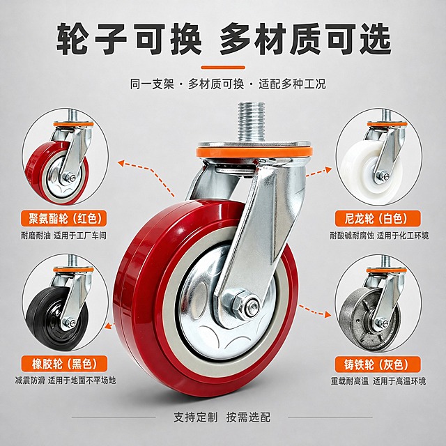 [主图-3] 轮子可更换其他材质卖点图，展示轮面材质的多样性和可更换设计，突出产品的灵活性和适配不同场景的能力。
[统一基调] 工业风格，浅灰色渐变背景（不使用纯黑背景），整体干净硬朗，主标题用深灰色粗黑体，强调色用工业橙，辅助文字用中灰色，字体为无衬线工业黑体，信息卡片用浅灰底加细边框，整体传递专业、厚重、可靠的工业品质感。
[画面] 画面中心展示一只重型丝杆万向轮的轮面部分特写（红色聚氨酯轮面+银色轮毂），占画面约50%。围绕主轮，用圆形小图或并排小图形式展示3-4种不同材质的轮面选项示意图，每种材质用不同颜色或质感表示，旁边标注材质名称，如："聚氨酯轮（红色）"、"尼龙轮（白色/黑色）"、"橡胶轮（黑色）"、"铸铁轮（金属色）"等。用箭头或连接线表示这些轮面都可以替换到同一个支架上，突出"可更换"的设计特点。背景为浅灰渐变，干净简洁。
[光影质感] 商业工业摄影质感，主轮金属轮毂高光清晰，红色轮面光泽圆润，材质小图各自体现不同材质的质感（橡胶的哑光、尼龙的光滑、铸铁的金属感），整体光影干净利落。
[配色] 背景：浅灰渐变；主标题：深灰色；强调色：工业橙；各材质轮面保持各自材质的真实颜色；辅助文字：中灰色。
[文字版式] 画面顶部居中主标题："轮子可换 多材质可选"，字体为深灰色粗黑体。主标题下方有橙色短横线装饰。每种材质小图下方标注材质名称和适用场景简述，如"聚氨酯 耐磨静音"、"尼龙 耐酸碱"、"橡胶 减震防滑"、"铸铁 重载耐高温"（注意：不写静音作为主卖点，仅作为材质特性简述，且不突出静音）。画面底部有一行小字："支持定制 按需选配"。所有文字不遮挡主轮。
[输出要求] 1:1正方形比例，2048x2048像素，主轮产品清晰不变形，外观结构与输入图轮面部分一致，文字清晰可读，无水印、无平台Logo，禁止轮子变形、禁止静音作为主卖点大字突出、禁止免费开专票字样。