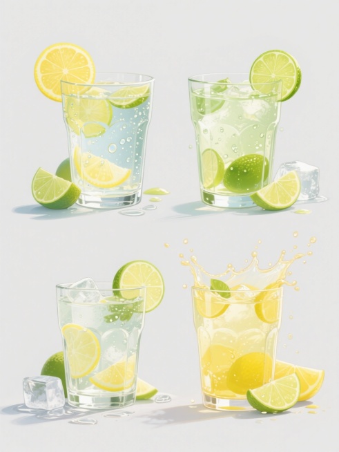 一套4个规整排布的柠檬水素材，保持超写实插画风格，通透的玻璃杯中装着不同口味的柠檬水，杯壁凝结着水珠，杯口装饰有不同造型样式的柠檬片或青柠片，杯旁散落着相应口味的新鲜水果切片与冰块，水花飞溅效果增添动感，整体色彩鲜亮明快，采用纯色背景，无任何文字、logo及水印。预览效果