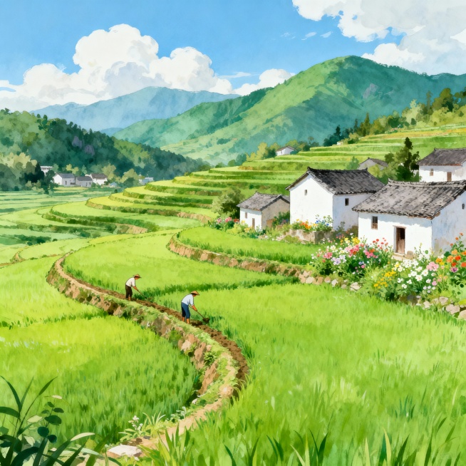 乡村风景带田地，彩绘风，横版长图预览效果