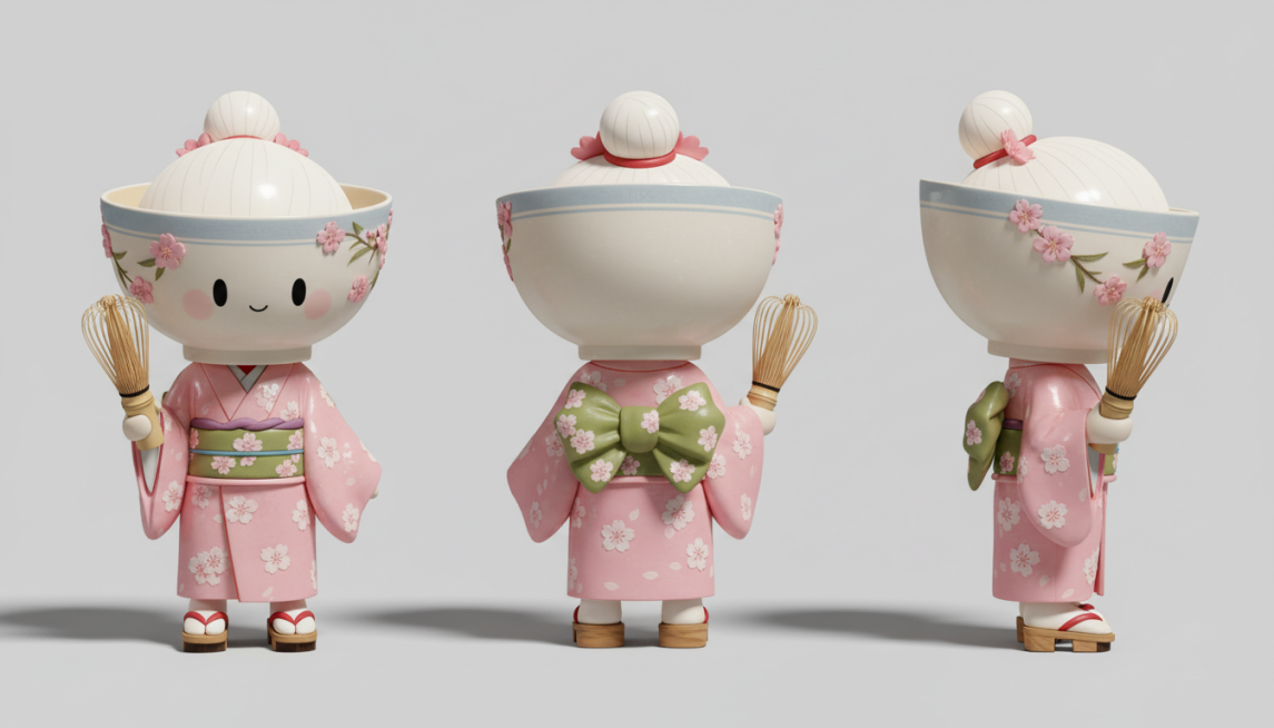 生成画作的3D潮玩风格的三视图，需要包含正面/背面/侧面视角，纯色背景预览效果