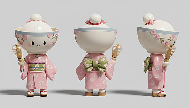 生成画作的3D潮玩风格的三视图，需要包含正面/背面/侧面视角，纯色背景