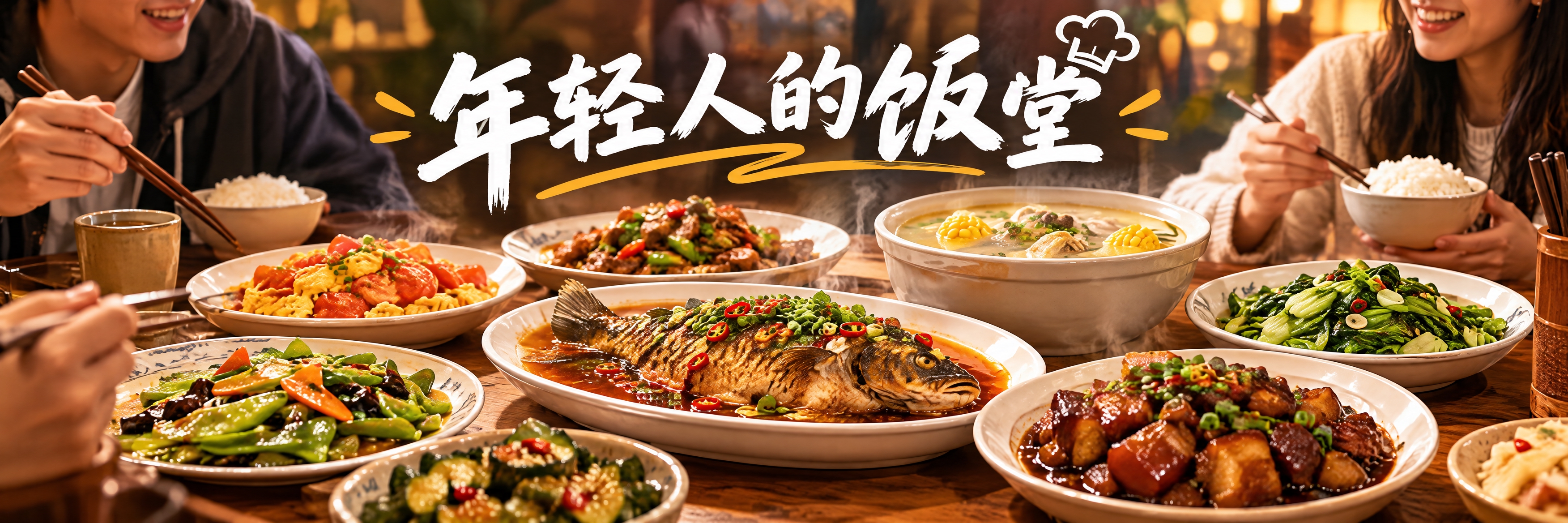 餐饮海报设计，店名"年轻人的饭堂"，横版长幅构图，画面展示一桌… - 图片创意预览