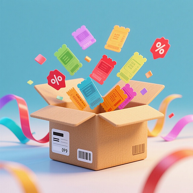 一个快递盒子里有跳出的票券，周围有彩带、优惠券相关的促销装饰元素，撞色