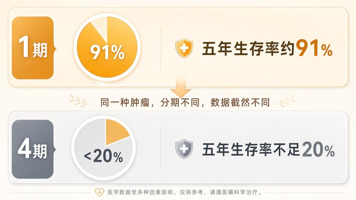 一幅对比信息图分上下两层，上层标注“1期”显示完整圆形图标内部91%暖金色填充，旁边标注“五年生存率约91%”，下层标注“4期”显示同一圆形图标内部不足20%暖金色，大部分为浅灰色，旁边标注“五年生存预览效果