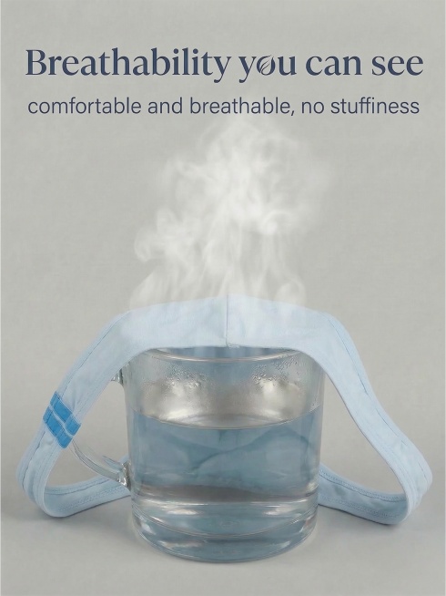 保留这张图的整体构图和文字：'Breathability you can see comfortable and breathable, no stuffiness'，保留玻璃杯和水蒸气效果，将粉色内预览效果