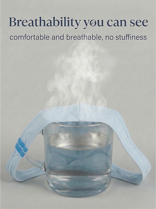 保留这张图的整体构图和文字：'Breathability you can see comfortable and breathable, no stuffiness'，保留玻璃杯和水蒸气效果，将粉色内裤款式替换为第一张图片中的浅蓝色丁字内裤款式，保留蓝色装饰条纹