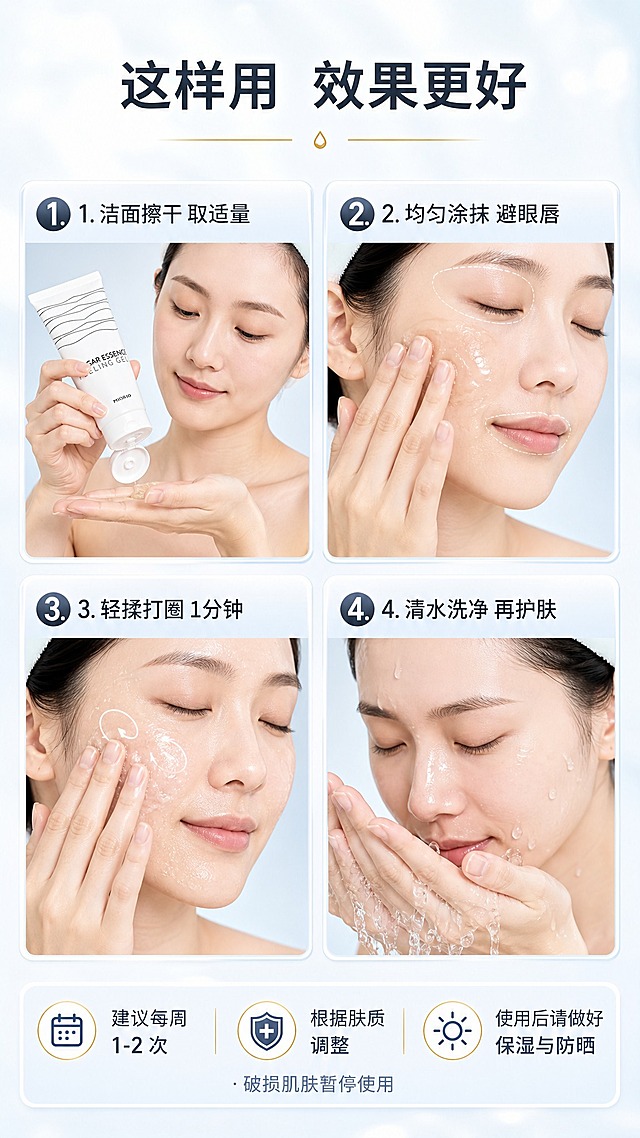 [商品] 使用【图2】MIORIO 黄糖精华去角质啫喱；保留管身所有外观、Logo、文字和比例；产品在步骤图中以手持或放置方式出现，开盖使用状态自然。
[画面] 正确使用方法 & 注意事项，步骤演示型，目标教会用户正确使用频率与手法。画面采用 2×2 四步分栏布局，每格为一个使用步骤的手部/脸部局部动作示意：第 1 步洁面后擦干取适量，第 2 步均匀涂抹避开眼唇，第 3 步轻轻打圈按摩，第 4 步清水冲洗；底部横条区域放注意事项与使用频率建议；背景浅蓝白柔雾，步骤格带圆角白底编号。
[视觉] 套系策略：风格=清透高级护肤商业摄影风；标题字=现代无衬线粗体中文；正文字=简洁无衬线体；主色=清透蓝白；背景延展=基于浅蓝到纯白的水光渐变、柔雾质感与玻璃/水膜反光；强调色=浅金，仅用于小面积升级徽章、引线和高光点缀；标题色=深炭灰蓝；正文色=中灰蓝；组件=圆角浅底信息卡、细线引线、胶囊标签；光影=左前侧柔白光，产品边缘带轮廓光。
[文字] 顶部主标题"这样用 效果更好"，4 个步骤分别写："1. 洁面擦干 取适量"、"2. 均匀涂抹 避眼唇"、"3. 轻揉打圈 1分钟"、"4. 清水洗净 再护肤"；底部注意事项："建议每周 1-2 次，根据肤质调整；破损肌肤暂停使用；使用后请做好保湿与防晒"；全部横排。
[规格] 单屏比例 9:16，分辨率 2K，淘宝/天猫详情页风格，中文文案，避免医疗建议、使用频率夸大、错字、绝对化用语。