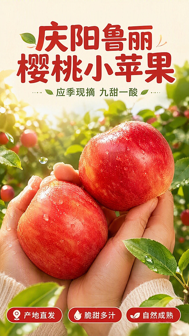 [第1张] 详情页头图-庆阳鲁丽樱桃小苹果新品宣传海报。本张使用【图1】作为商品主体，保留苹果的红色外观、大小形态和色泽质感。
[氛围/风格] 田园自然风+产地新鲜感，暖红色系搭配绿色果园背景，商业摄影质感，食欲感强烈。
[元素布局] 两只手捧着的樱桃小苹果置于画面中下部，占比约60%-65%；苹果表皮红润有光泽，带自然果点；背景为虚化的绿色果树枝叶和阳光光斑；前景散落几片新鲜绿叶和一滴水珠；苹果周围有柔和光晕。
[光影质感] 左上方自然柔光照射，苹果表面形成明亮高光，右下柔和投影，整体通透饱满，水珠晶莹剔透。
[配色色系] 全局底色 #FFF5E6（暖米白）；主色苹果红 #C82E2E；辅助色叶绿 #4A7C3A、暖金点缀。
[视角构图] 正面微仰视，苹果为视觉中心，阅读动线从上标题 → 中部苹果 → 底部卖点条。
[文字版式] 顶部居中大标题「庆阳鲁丽樱桃小苹果」，圆润黑体，红色字；副标题「应季现摘 九甜一酸」，稍小字号，深绿色；底部横向三个圆角胶囊卖点：「产地直发」「脆甜多汁」「自然成熟」，白字红底；文字不遮挡苹果主体。
[比例分辨率] 9:16 竖版比例，4K 分辨率，文字清晰可辨，高清画质。
[负向提示词] 苹果变形，颜色偏差，缺件错件，水印，文字错乱，文字过小，背景杂乱，产品模糊。