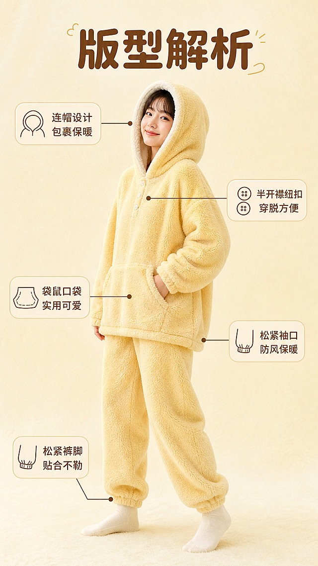 [商品] 使用【图1】奶黄色连帽珊瑚绒睡衣套装；商品处理：保留连帽（帽内白色毛绒）、半开襟纽扣、袋鼠口袋、松紧袖口、松紧裤脚、奶黄色珊瑚绒面料和整体版型；自然去除平铺褶皱，理顺垂坠，增强毛绒蓬松质感和缝线细节，不改变版型、颜色和结构。
[画面] 页面目标：版型解析与多角度展示，用引线标注关键结构和穿搭利益。构图：居中展示模特45度侧身穿搭全身图，周围用引线标注关键部位。模特侧身站立，一只手插口袋，姿态自然，连帽戴在头上。背景为浅奶黄色纯色背景，有细腻质感。从连帽、领口纽扣、袋鼠口袋、松紧袖口、松紧裤脚五个部位引出细线，连接到旁边的小标签。产品占画面约50%。阅读动线：从中心产品向四周扩散阅读卖点。
[视觉] 套系策略：风格=温馨治愈居家风商业摄影；标题字=圆润无衬线粗体；正文字=简洁无衬线体；主色=奶黄色；背景延展=基于奶黄色做深浅层级、同色渐变和细腻毛绒/纸张质感；强调色=暖棕色，仅用于小面积图标、引线和标签；标题色=深暖棕色；正文色=中暖棕色；组件=圆角浅底信息卡、细线引线、可爱图标；光影=左前侧暖柔光，整体明亮温暖。
[文字] 顶部主标题："版型解析"。五个引线标签分别为："连帽设计 包裹保暖"、"半开襟纽扣 穿脱方便"、"袋鼠口袋 实用可爱"、"松紧袖口 防风保暖"、"松紧裤脚 贴合不勒"。标签为圆角浅底，文字清晰。
[规格] 图片比例9:16竖版，4K，避免变形、错字、文字过小、冷蓝/冷灰背景、衣服颜色改变、版型失真、面部扭曲、手部畸形。