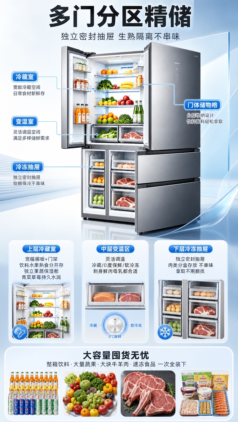 [商品] 使用【图1】风冷无霜变频多门冰箱开门全景图；保留银灰… - 图片创意预览