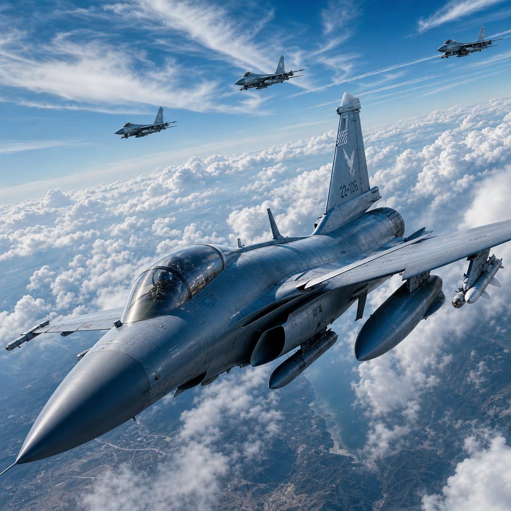 空军主题，战斗机在空中飞行，蓝天白云背景，军事风格，震撼大气 - 图片创意预览