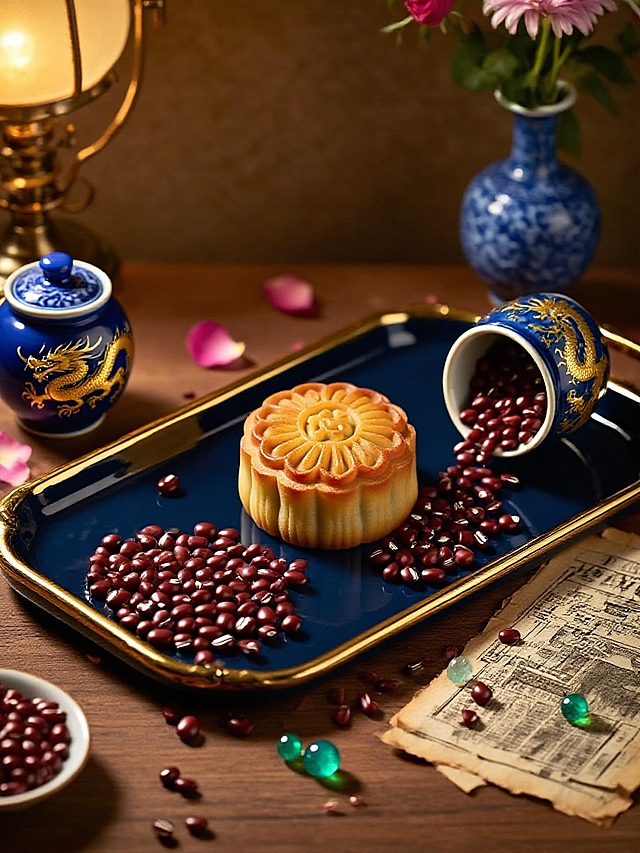 主体放深蓝底描金托盘上，托盘一侧散落大量红豆，一侧盛满红豆的陶瓷碗侧倒下，碗里红豆流出。点缀一些玫瑰花瓣，周围散落复古报纸碎片和琉璃珠，旁边是绘有金龙的蓝罐、插着菊花的蓝花瓶。暖黄灯光打亮，民国老上海氛围。