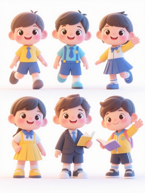 Q版可爱卡通风格3D儿童角色系列，6个不同造型的儿童，每个穿着款式各异的校服（包括不同颜色的衬衫、领带、背带裙、西装外套、运动服等多种校服类型），保持圆润的头部比例、大大的闪亮眼睛、腮红脸蛋和微笑表情，身体比例为三头身，采用明亮柔和的色彩搭配，表面有光滑的3D渐变质感，带有黄色、蓝色等鲜艳色调，角色姿态活泼多样（挥手、跳跃、站立、读书等），背景为纯白色透明底，适合作为素材套系使用。预览效果