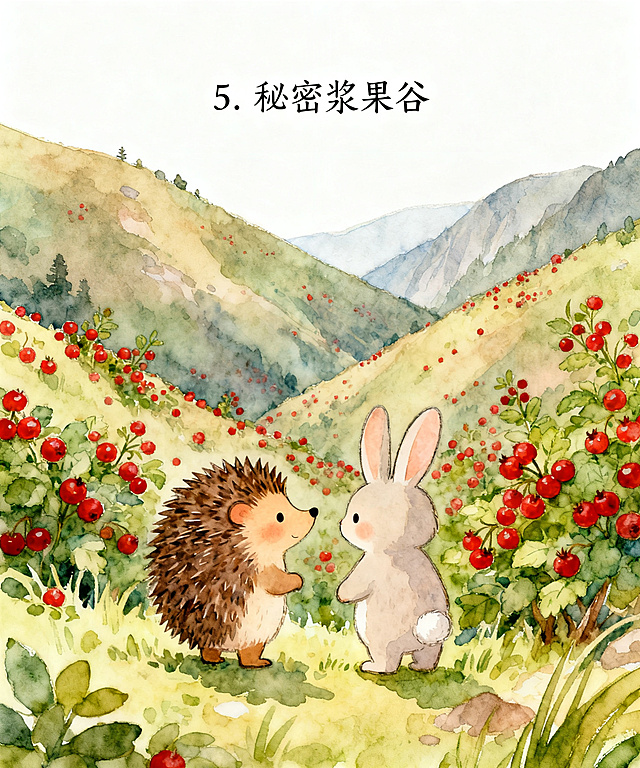 治愈系儿童绘本，转过山坡后，小刺猬和兔子发现了长满红色浆果的山谷，漫山遍野都是甜甜的浆果，画面上方添加文字"5. 秘密浆果谷"，卡通水彩风格，文字位置合适清晰，整体温馨可爱