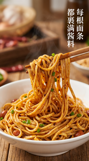 [主图 4] 搅拌拌面对比，展示每根面条裹满酱汁的诱人状态，增强体验感。
[氛围风格] 动态真实美食场景，抖音种草风，突出浓郁食欲感；
[画质] 商业美食摄影质感、光线柔和通透、产品清晰真实、画面干净预览效果