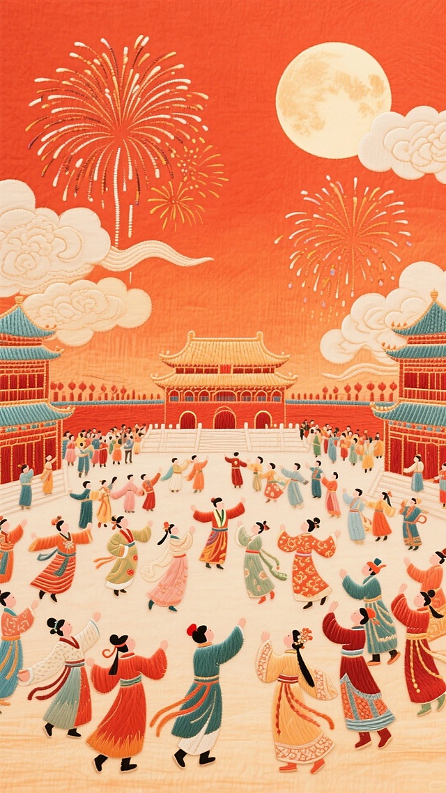 喜庆中式插画，刺绣风描绘欢庆场景，烟花映衬满月，人物舞动尽显节日氛围。