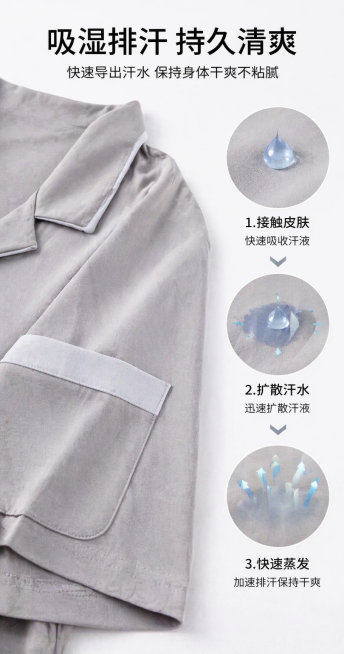 [详情页 16] 吸湿排汗动态演示
[氛围风格] 直观功能演示，清晰专业
[画质] 商业摄影质感，文字清晰，画面干净高级
[元素] 展示浅灰色睡衣面料吸湿过程示意图，左侧睡衣面料特写，右侧水滴示意图，预览效果