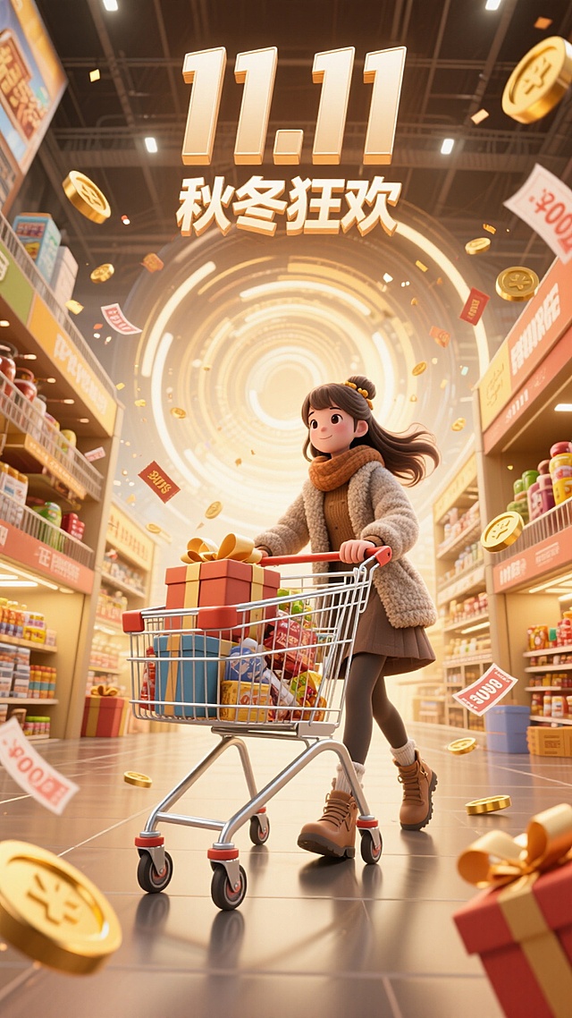 3d风格，科技感。画面文案：顶部大标题“11.11”和副标题“秋冬狂欢”。画面视觉：一个穿着秋冬服装的女孩，推着购物车，购物车里装着一些礼物盒和商品，周围有优惠券和金币，背后是节日氛围的漩涡，漩涡周围飘散着一些日用品。背景一个巨大的超市，两旁是商铺。仰视角度拍摄，棕黄色调