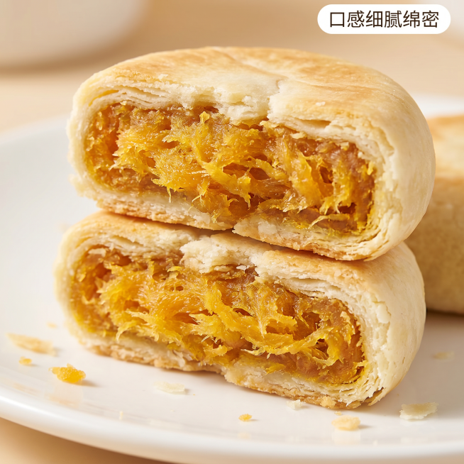 [主图 3] 黄金南瓜饼内馅细节特写，放大展示细腻质感
[氛围风格] 微距特写，突出食物诱人质感
[画质] 商业摄影质感、光线柔和通透、产品清晰真实、画面干净高级
[元素] 微距镜头对准切开的黄金南瓜预览效果