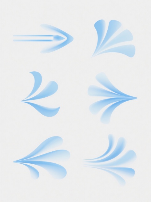 极简现代风格设计，纯白纯色背景，六个规整排布的空调风向示意图，每个风向图由流畅飘逸的浅蓝色渐变线条构成，线条具有柔和的光影过渡和半透明质感，呈现出不同方向（如水平左右、垂直上下、扩散、聚拢等）的气流形态，整体造型简约抽象，画面干净无任何文字、logo或水印，保持视觉上的简洁与和谐。预览效果