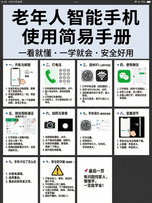 将以下内容排版成大字图文版PDF页面，内容：📖 封面 老年人智能手机使用简易手册 一看就懂 · 一学就会 · 安全好用 🔹 一、开机与解锁 图片描述：手机右侧电源键图标 + 手指滑动解锁示意图 1预览效果