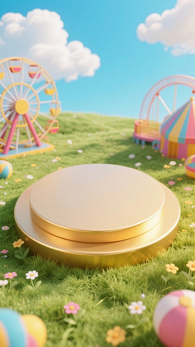 一个圆形的空展台，游乐园背景，小花点缀在草地上，白云，轻微俯视