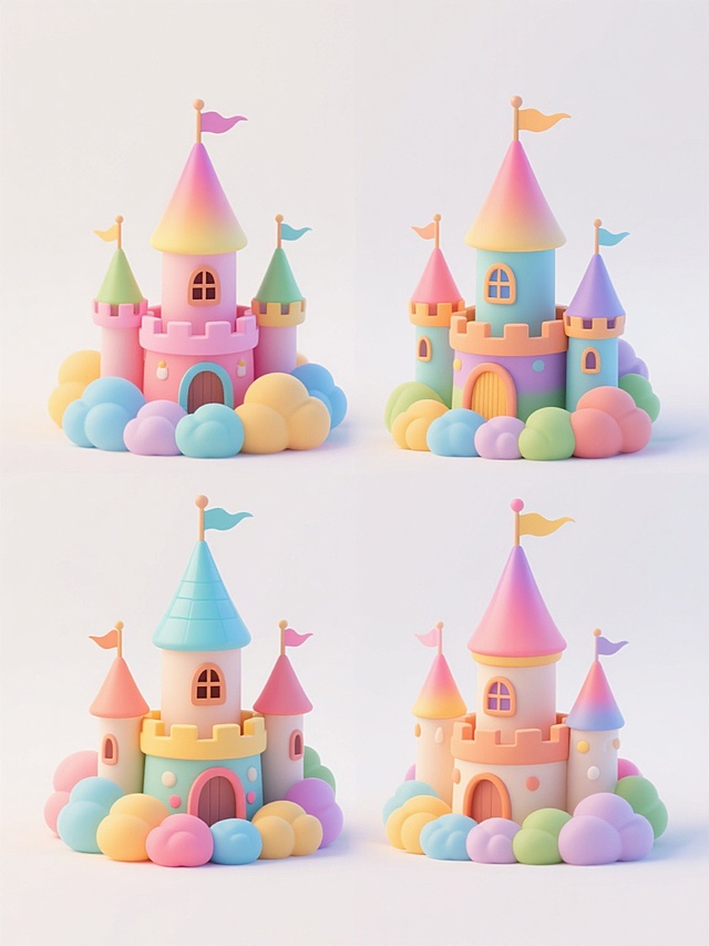 4个不同配色、不同样式、不同外观的城堡，保持3D立体风格，每个城堡都有独特的渐变色尖顶和塔楼，周围环绕着彩色云朵状装饰，整体造型圆润可爱，色彩鲜艳明快，城堡排列整齐，白色背景，每个城堡都有独特的旗帜和窗户设计，立体感强，光影柔和，细节丰富，具有童话般的梦幻感