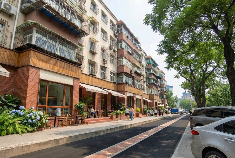 将第一张图深色的道路中间加上一条细的红砖结合圆形铜板的装饰线，样式参考第二张图预览效果