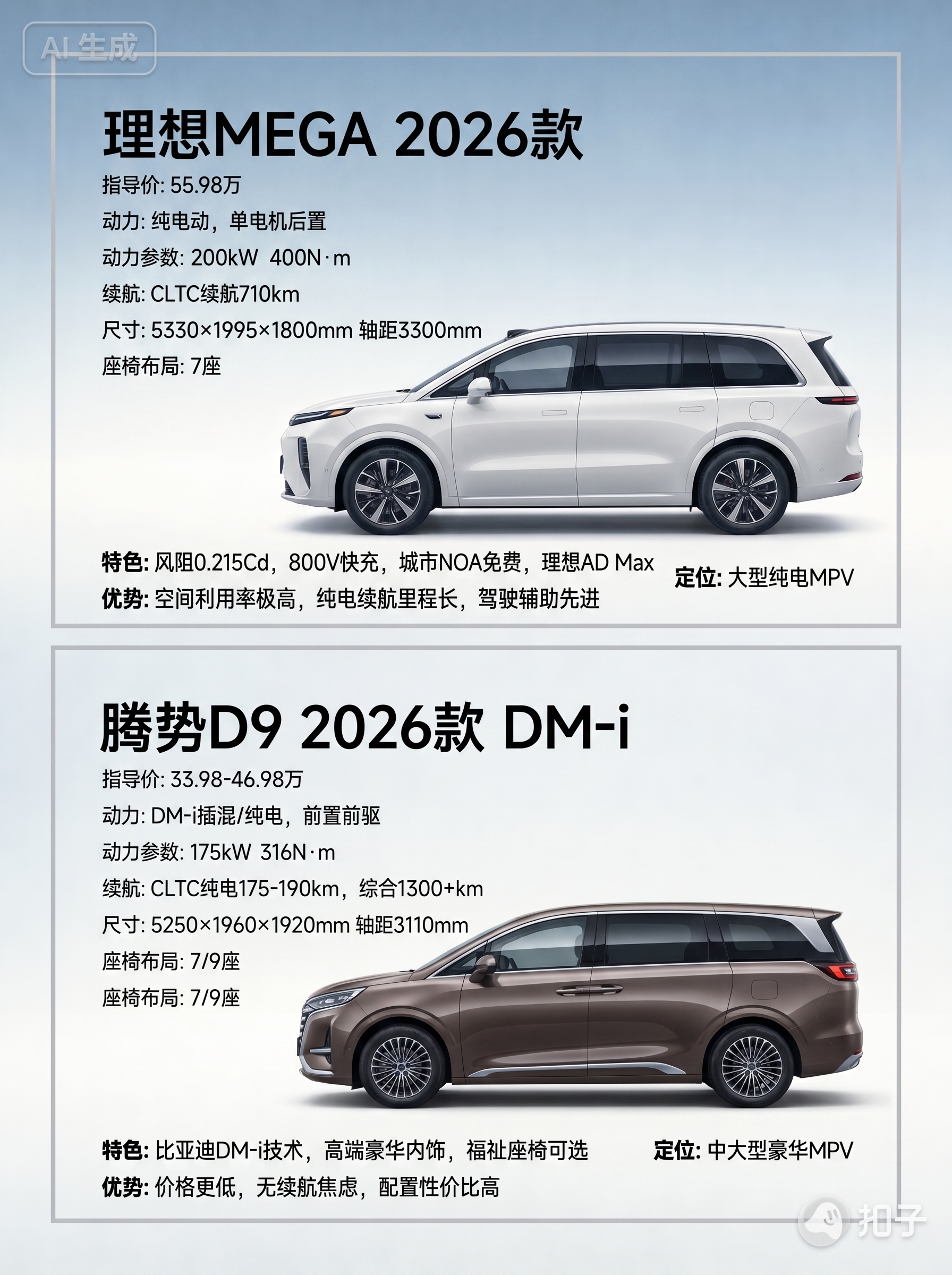 1:1复刻参考图版式，生成理想MEGA 2026款和腾势D9… - 图片创意预览