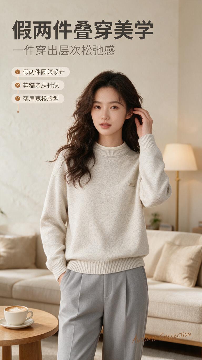 [商品] 使用【图1】米杏色假两件圆领针织毛衣；商品处理：保留… - 图片创意预览