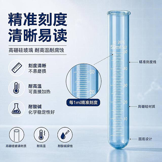 [主图-2] 刻度精度与材质亮点图。
[氛围风格] 精密专业，科技感实验室氛围；
[画质] 商业摄影质感、光线柔和通透、产品清晰真实、画面干净高级。
[元素] 画面右侧主体为一支50ml蓝色玻璃刻度试管的中景特写，保持与输入产品图一致的外观、刻度、材质和颜色。左侧为信息展示区，试管刻度区域做局部放大画中画效果，放大展示刻度线的精细度和数字清晰度，标注"每1ml精准刻度"。背景为浅蓝灰色渐变，带有细微的科技感网格纹理。画面下方分布3个圆形图标区，分别展示高硼硅玻璃材质示意、耐高温示意、耐酸碱腐蚀示意。商品主体占比约60%。
[光影] 左侧柔光为主光，右侧反光板补光，玻璃表面形成细腻高光带，刻度线清晰锐利，整体光线均匀明亮。
[配色] 主色浅蓝灰（背景）；辅色透明蓝（试管）；强调色深蓝（图标与标题）。
[视角构图] 平视角度，左右分栏构图，左文右图，视觉重心在试管刻度放大区域。
[文字版式] 左上主标题大字粗体"精准刻度 清晰易读"，下方辅助说明"高硼硅玻璃 耐高温耐腐蚀"。中部左侧竖排3个卖点块：「刻度清晰」「不易磨损」、「耐高温」「可直接加热」、「耐酸碱」「化学稳定性好」，每个卖点配小图标。右侧试管旁引线标注"精准刻度线""高硼硅材质""圆底设计"。字体为现代无衬线，深蓝字配浅背景。
[输出要求] 1:1比例，文字清晰锐利，超高清商业摄影质感。
[负向提示词] 变形，文字错乱，产品图模糊，背景杂乱，水印，电商平台Logo。