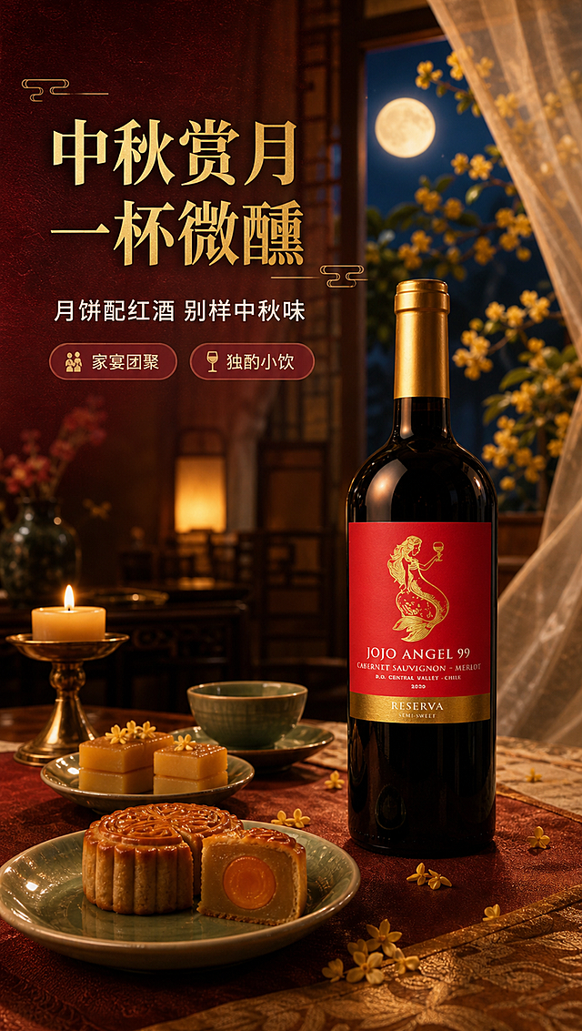 [商品] 使用【图1】99天使美人鱼半甜红葡萄酒单瓶；保留瓶身结构比例、深红色酒液、金色瓶盖、红色酒标、金色美人鱼图案、所有文字字样，商品原貌不做任何修改。
[画面] 目标：中秋场景种草页，单场景沉浸型，展示中秋家宴赏月搭配场景。构图：场景氛围型，产品置于中式餐桌右侧，占画面约35%。餐桌上摆放：广式月饼（莲蓉蛋黄）、桂花糕、中式青瓷小碟、金色烛台。背景：中式客厅，落地窗外是中秋圆月和桂花树枝，暖黄色灯光从室内洒出，窗纱飘动。前景：桌布纹理和散落的桂花花瓣。中景：红酒+月饼+餐具。后景：窗外月色+室内虚化环境。画面层次≥3层，真实生活场景感。
[视觉] 套系策略：风格=中秋节日氛围商业摄影，低AI感，真实家居场景质感；标题字=宋体衬线粗体，典雅大气；正文字=简洁无衬线体；主色=酒红+鎏金；背景延展=深酒红色渐变背景，叠加细腻纸张纹理和暖金色光晕；强调色=鎏金色，仅用于小面积图标、引线和装饰线条；标题色=鎏金色；正文色=米白色；组件=圆角半透明酒红色信息卡、细金线引线、中式祥云小图标；光影=暖黄色室内灯光+月光冷调对比，整体暖色调为主，瓶身有环境光反射。
[文字] 画面左上区域主标题：「中秋赏月 一杯微醺」（鎏金色大字号）。副标题：「月饼配红酒 别样中秋味」（米白色中字号）。下方2个场景标签：「家宴团聚」「独酌小饮」。文字均横排，位于画面左上留白，不遮挡产品主体。
[规格] 图片比例9:16竖版，4K分辨率，负向提示：避免礼盒、贺卡、包装盒、手提袋、变形、错字、文字过小、冷蓝色调、AI感重、塑料质感、模糊。