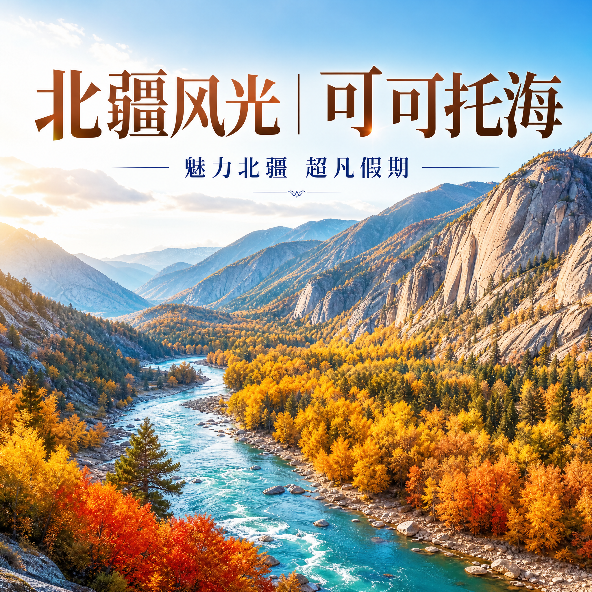 参照提供的图片版式结构，设计北疆可可托海旅游海报，融入北疆峡谷… - 图片创意预览