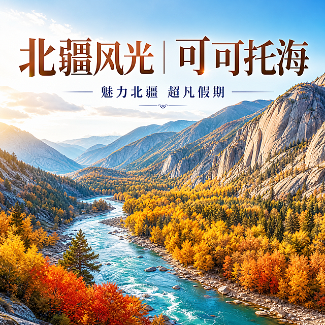 参照提供的图片版式结构，设计北疆可可托海旅游海报，融入北疆峡谷秋色，展示可可托海额尔齐斯河景点，中文，标题"北疆风光 | 可可托海"，副标题"魅力北疆 超凡假期"，适合FB推广，尺寸1200px×1200px