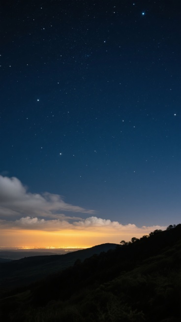 高清写实夜空摄影，深邃的深蓝色至黑色渐变夜空，布满密集而明亮的星星，大小不一的星点散布其中，带有自然的星光闪烁效果，左下角有少量朦胧的灰白色云朵，地平线处有温暖的黄色和橙色城市灯光带，照亮低空的云层底部，地面为剪影效果的黑暗山丘和植被轮廓，整体呈现宁静而神秘的夜晚氛围，长曝光摄影质感，自然的光影过渡，高对比度，清晰的星空细节。预览效果