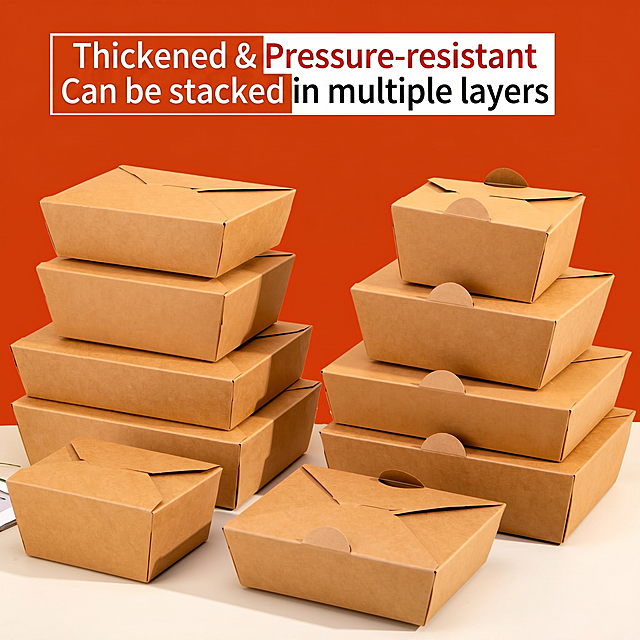Based on the original image, replace all Chinese text with English text, keep the original red and white background layout, color matching and composition unchanged. The converted text is 'Thickened & Pressure-resistant Can be stacked in multiple layers'. Keep the arrangement of multiple brown kraft paper boxes unchanged, maintain the original solid orange background, keep commercial photography texture, clear and readable text, no distortion, high definition.