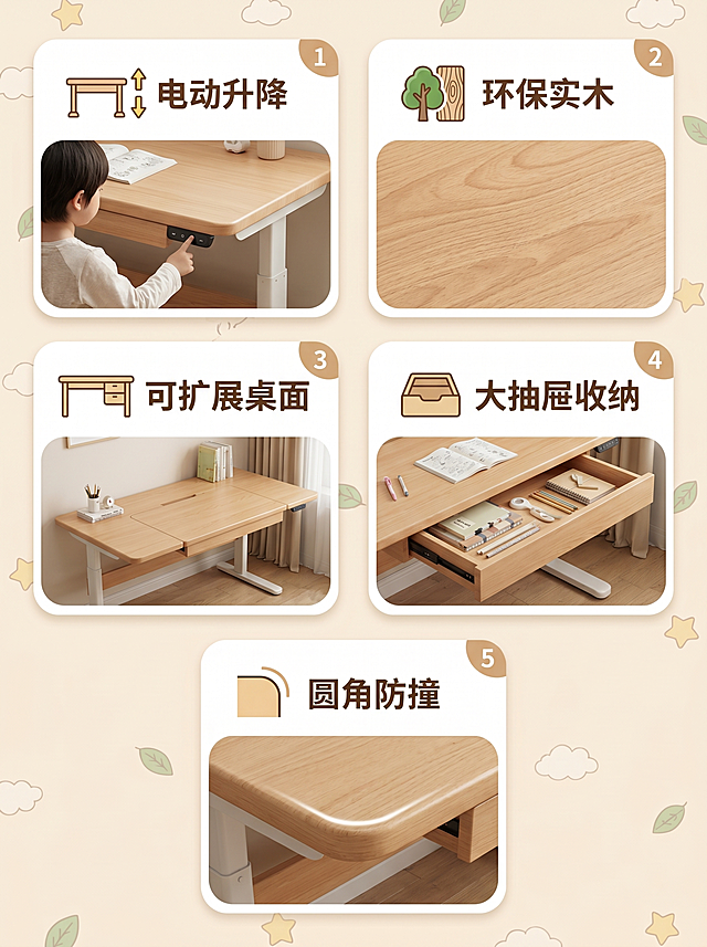 儿童学习桌详情页第二屏：产品核心卖点五宫格设计，简约童趣卡片式排版，五张圆角卡片分别展示：1.电动升降 2.环保实木 3.可扩展桌面 4.大抽屉收纳 5.圆角防撞，每个卡片配简约图标，对应一张产品细节小图，整体暖色调，背景浅米色带浅卡通底纹，文字清晰明快，通俗易懂，3:4比例，超高清，真实自然，避免AI感。负向提示词：文字模糊，变形，水印，排版杂乱，AI感强烈。