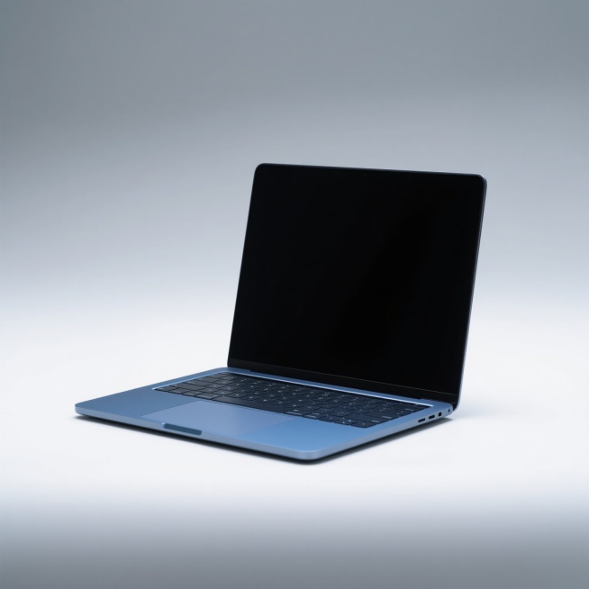 极简主义风格的笔记本电脑正面视图，采用光滑的金属机身，屏幕为纯黑色，键盘为深灰色，整体呈现出高度简洁、现代的设计感。电脑放置在纯白色背景上，无任何多余装饰元素，光线均匀柔和，边缘清晰锐利，具有强烈的产品摄影质感和清晰的轮廓线条。画面色彩变换为深蓝色机身搭配浅蓝色键盘，屏幕保持纯黑色，背景调整为浅灰色渐变，整体色调沉稳而富有科技感，同时维持原有的极简构图和光影效果。预览效果