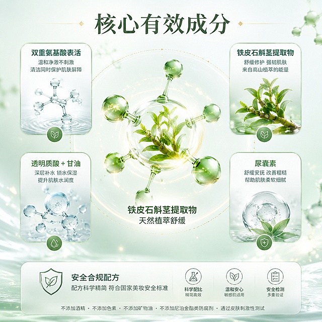 [第4屏] 详情页成分解析屏-核心成分可视化展示。本屏为成分专屏，无需产品主图，以成分元素为核心视觉。
[氛围/风格] 科研植萃护肤风，成分分子3D可视化，高级质感。
[元素布局] 画面中央偏上放大展示铁皮石斛植物提取物分子结构3D示意图，占比约40%；周围环绕四大核心成分卡片（双重氨基酸表活、铁皮石斛茎提取物、透明质酸+甘油、尿囊素），每卡配对应原料实物图或分子图标；底部安全合规配方说明区；背景浅蓝绿色渐变，带细微光点装饰。
[光影质感] 中心分子结构发光效果，周围柔光，整体科技感与自然植萃感结合。
[配色色系] 全局底色 #F0F7F4 浅绿调；主色浅绿+白色；辅助色金色点缀。
[视角构图] 中心放射构图，阅读动线中心主成分→周围四成分→底部安全说明。
[文字版式] 顶部大标题「核心有效成分」；中心分子旁标注「铁皮石斛茎提取物 天然植萃舒缓」；四周四成分卡片分别配标题与短句说明；底部「安全合规配方 配方科学精简 符合国家美妆安全标准」。成分元素放大占屏，主视觉合计≥50%。
[比例分辨率] 1:1 方图比例，4K 分辨率，文字清晰可辨。
[负向提示词] 文字错乱，水印，分子图模糊，背景杂乱。
